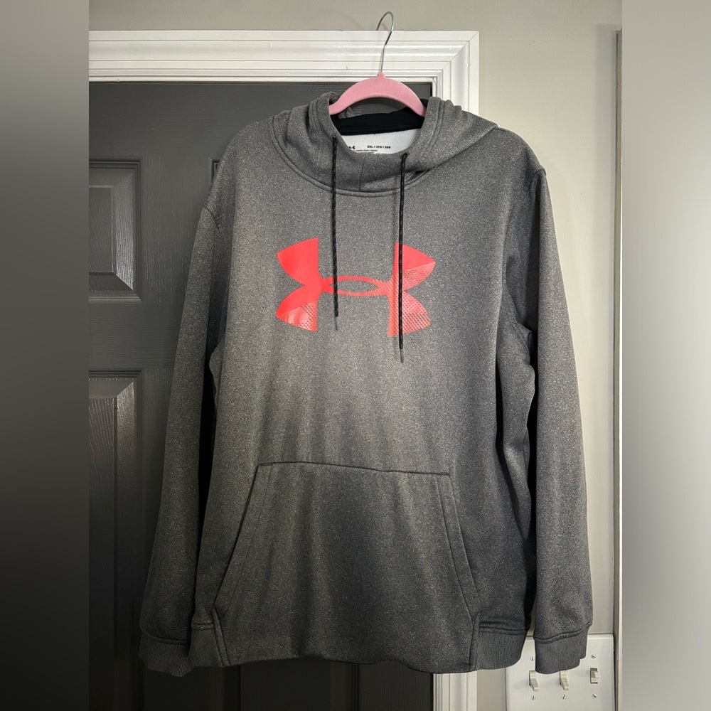 Grey and Red Under Armour Hooded Sweatshirt XXL Loose